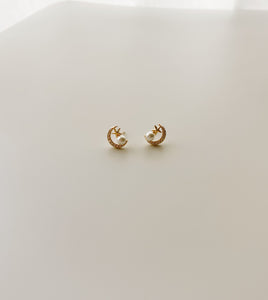 Gold crescent moon and star CZ stone with pearl finish earrings