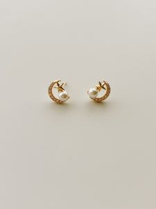 Gold crescent moon and star CZ stone with pearl finish earrings